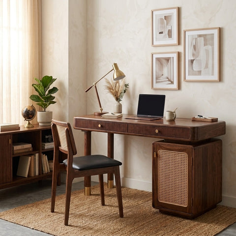 PRITI Modern Designer Sheesham Wood Study Table with Cane Accents & Drawer Storage