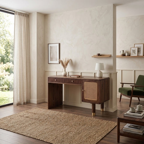 PRITI Modern Designer Sheesham Wood Study Table with Cane Accents & Drawer Storage