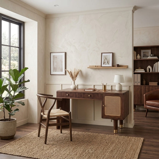 PRITI Modern Designer Sheesham Wood Study Table with Cane Accents & Drawer Storage