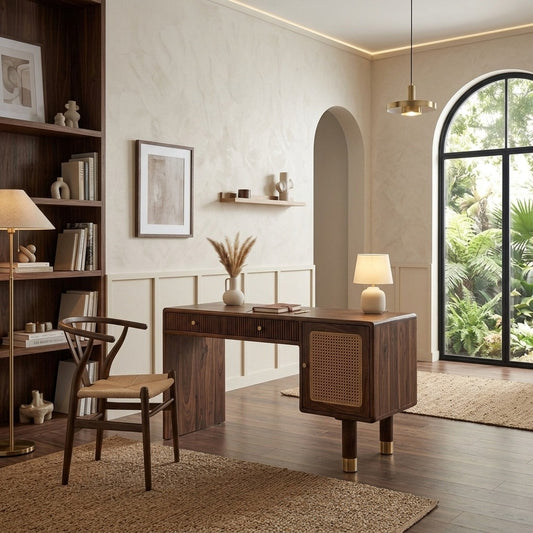 PRITI Modern Designer Sheesham Wood Study Table with Cane Accents & Drawer Storage