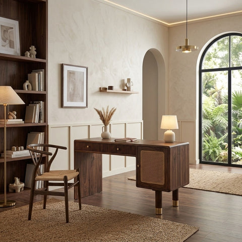PRITI Modern Designer Sheesham Wood Study Table with Cane Accents & Drawer Storage