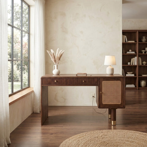 PRITI Modern Designer Sheesham Wood Study Table with Cane Accents & Drawer Storage