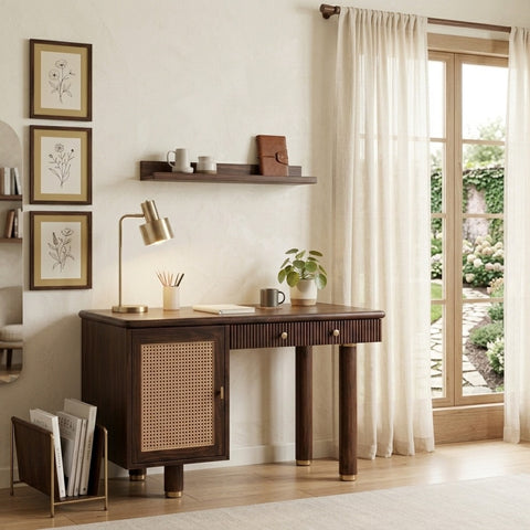 PRITI Modern Designer Sheesham Wood Study Table with Cane Accents & Drawer Storage