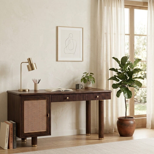 PRITI Modern Designer Sheesham Wood Study Table with Cane Accents & Drawer Storage
