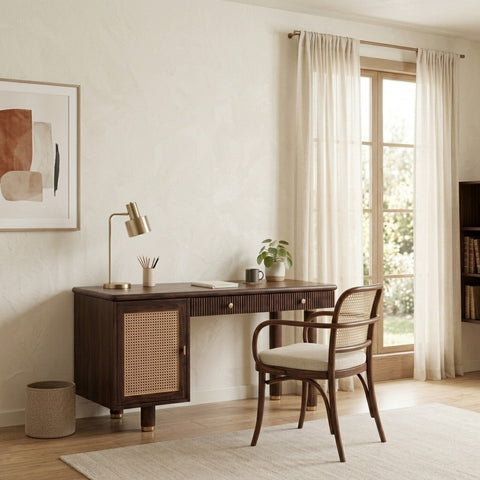 PRITI Modern Designer Sheesham Wood Study Table with Cane Accents & Drawer Storage