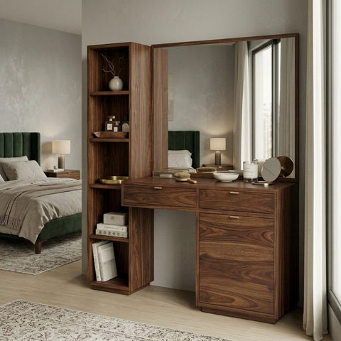 PRITI Sheesham Wood Dressing Table with Mirror and Storage (Dark Walnut Finish)