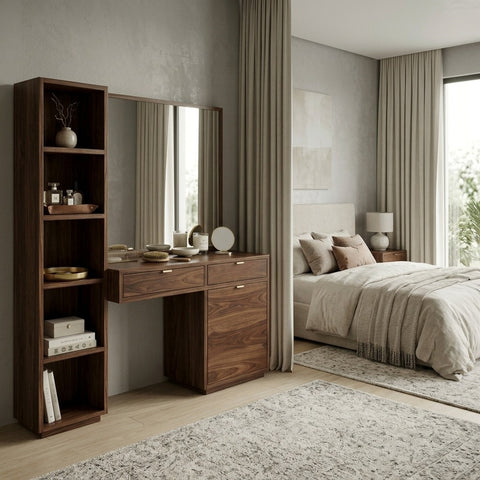PRITI Sheesham Wood Dressing Table with Mirror and Storage (Dark Walnut Finish)