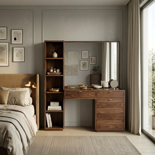 PRITI Sheesham Wood Dressing Table with Mirror and Storage (Dark Walnut Finish)