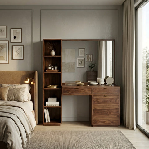 PRITI Sheesham Wood Dressing Table with Mirror and Storage (Dark Walnut Finish)