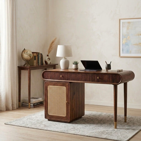 PRITI Modern Designer Sheesham Wood Study Table with Cane Accents & Drawer Storage