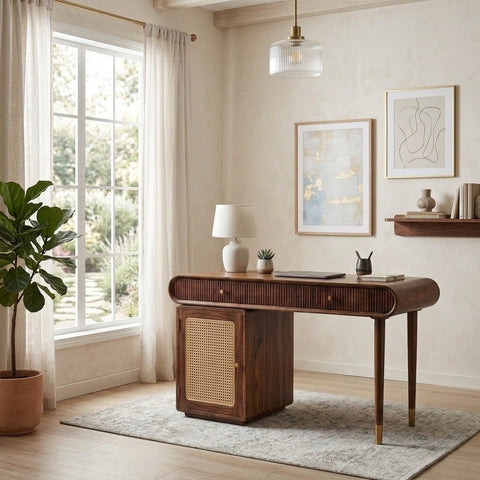 PRITI Modern Designer Sheesham Wood Study Table with Cane Accents & Drawer Storage