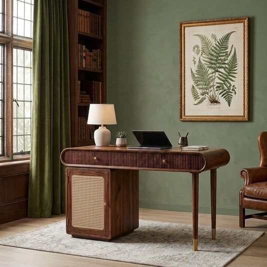 PRITI Modern Designer Sheesham Wood Study Table with Cane Accents & Drawer Storage