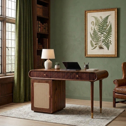 PRITI Modern Designer Sheesham Wood Study Table with Cane Accents & Drawer Storage