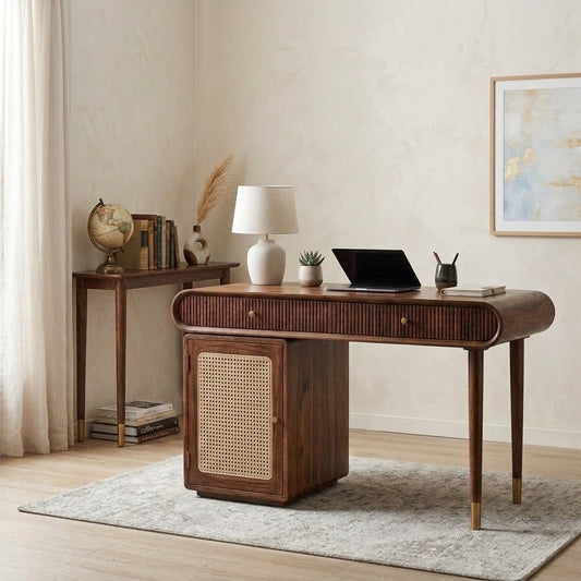 PRITI Modern Designer Sheesham Wood Study Table with Cane Accents & Drawer Storage