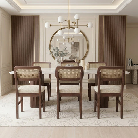 PRITI 6 Seater Dining Sets with Marble Top in Dark Walnut Finish sheesham