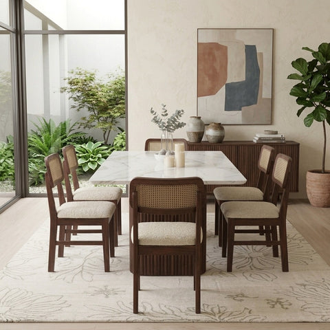 PRITI 6 Seater Dining Sets with Marble Top in Dark Walnut Finish sheesham