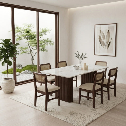 PRITI 6 Seater Dining Sets with Marble Top in Dark Walnut Finish sheesham
