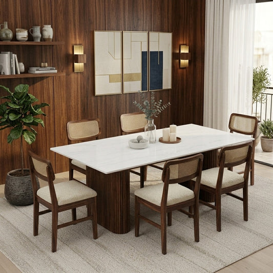 PRITI 6 Seater Dining Sets with Marble Top in Dark Walnut Finish sheesham