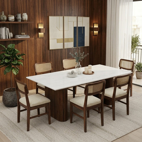 PRITI 6 Seater Dining Sets with Marble Top in Dark Walnut Finish sheesham