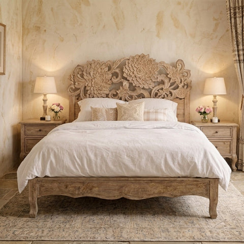 PRITI Handcrafted Floral Wooden Bed in Solid Mango Wood- Wooden Slice