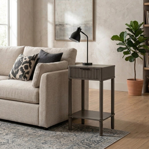 PRITI Olive Brown Side Table with Ribbed Drawer