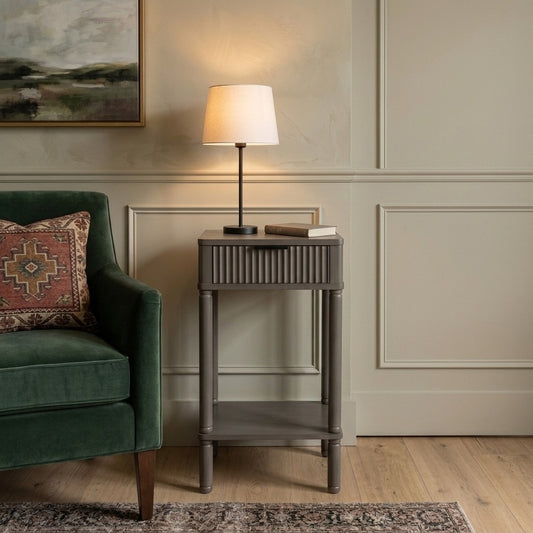 PRITI Olive Brown Side Table with Ribbed Drawer