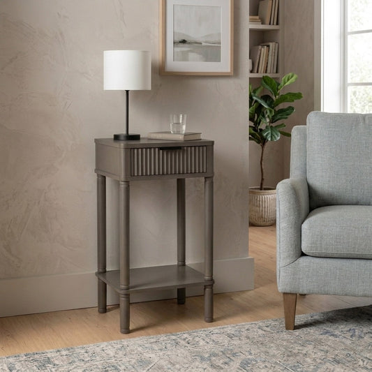 PRITI Olive Brown Side Table with Ribbed Drawer