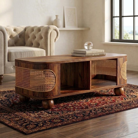 PRITI Una Rectangle Solid Sheesham Wood Coffee Table in Dark Walnut Finish