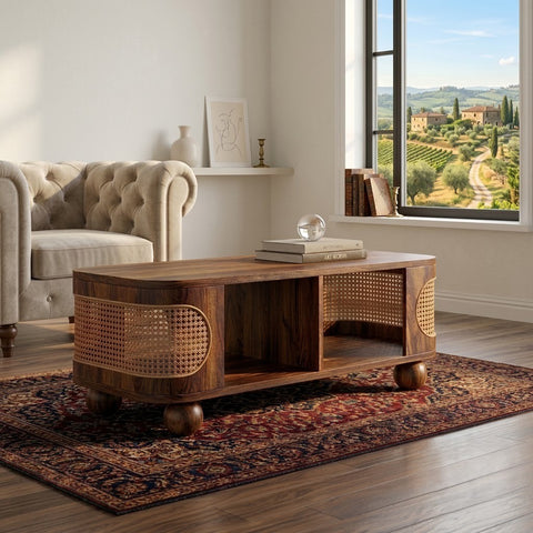 PRITI Una Rectangle Solid Sheesham Wood Coffee Table in Dark Walnut Finish