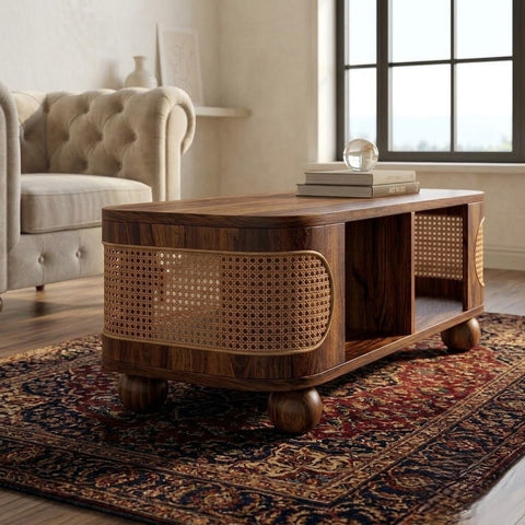 PRITI Una Rectangle Solid Sheesham Wood Coffee Table in Dark Walnut Finish