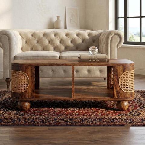 PRITI Una Rectangle Solid Sheesham Wood Coffee Table in Dark Walnut Finish
