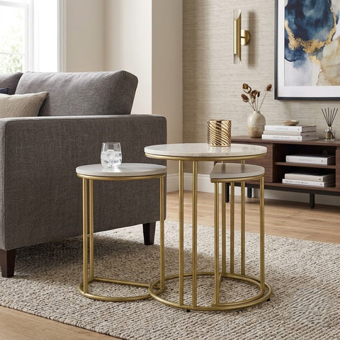 PRITI Light Grey Valencia Marble and Mango Wood Round Set of 3 Nest of Tables