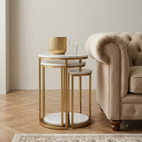 PRITI Light Grey Valencia Marble and Mango Wood Round Set of 3 Nest of Tables