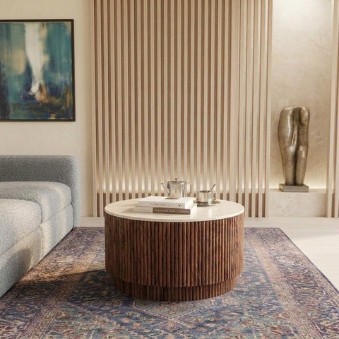 PRITI  Natural Everly Round Storage Stone Coffee Table