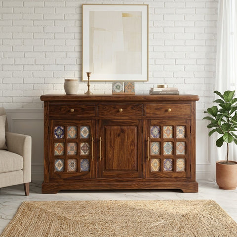PRITI Sheesham Wood Storage Cabinet Sideboard With Three Drawers