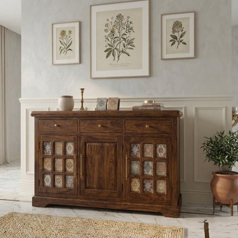 PRITI Sheesham Wood Storage Cabinet Sideboard With Three Drawers
