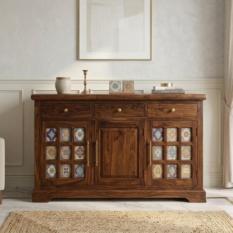 PRITI Sheesham Wood Storage Cabinet Sideboard With Three Drawers