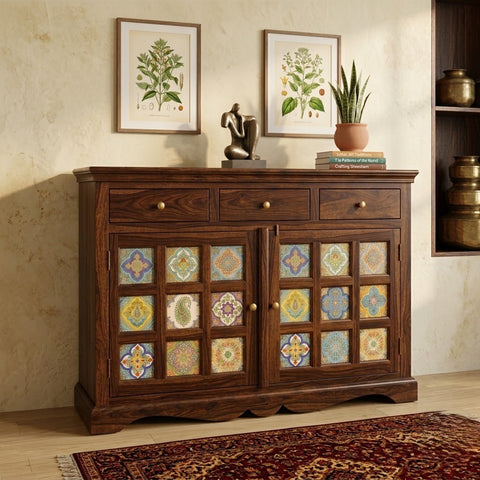 PRITI Sheesham Wood Storage Cabinet Sideboard With Three Drawers (Walnut  Finish)