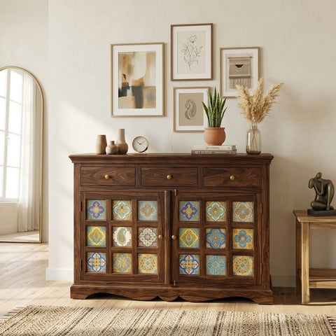 PRITI Sheesham Wood Storage Cabinet Sideboard With Three Drawers (Walnut  Finish)