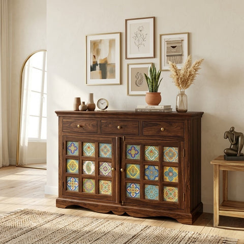 PRITI Sheesham Wood Storage Cabinet Sideboard With Three Drawers (Walnut  Finish)