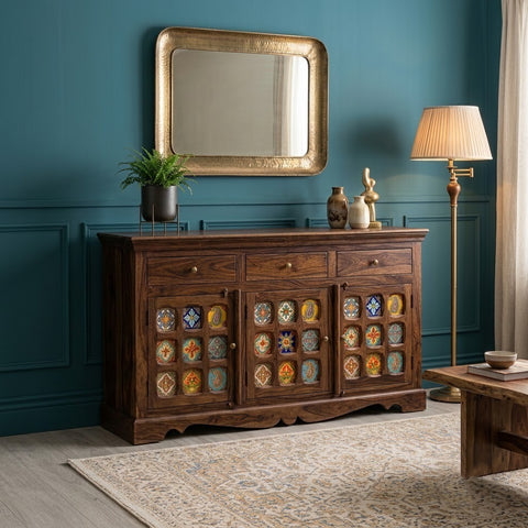 PRITI Sheesham Wood Storage Cabinet Sideboard With Three Drawers (Walnut Finish)