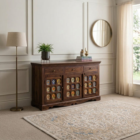 PRITI Sheesham Wood Storage Cabinet Sideboard With Three Drawers (Walnut Finish)