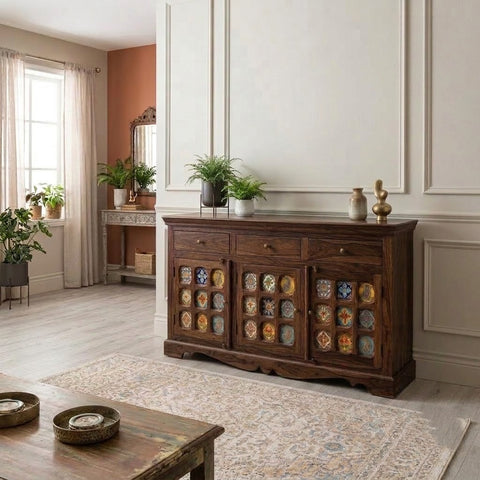 PRITI Sheesham Wood Storage Cabinet Sideboard With Three Drawers (Walnut Finish)