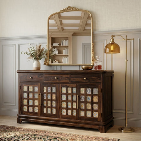 PRITI Sheesham Wood Storage Cabinet Sideboard With Three Drawers (walnut Finish)