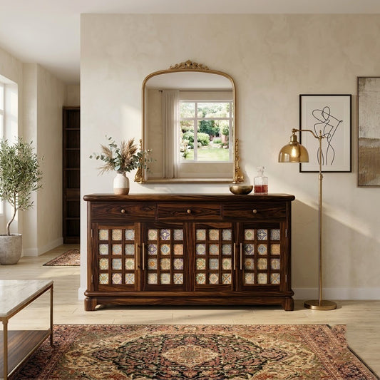 PRITI Sheesham Wood Storage Cabinet Sideboard With Three Drawers (walnut Finish)