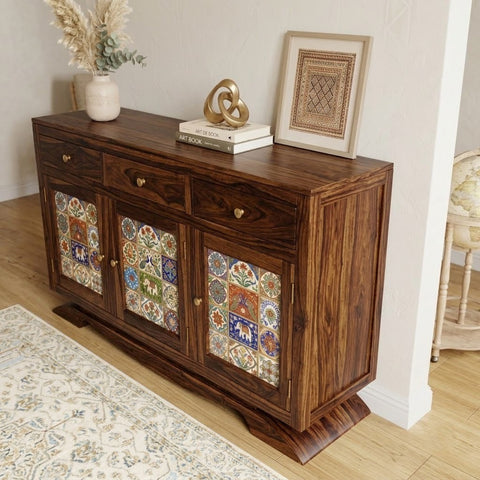 PRITI Sheesham Wood Storage Cabinet Sideboard With Three Drawers (walnut Finish)