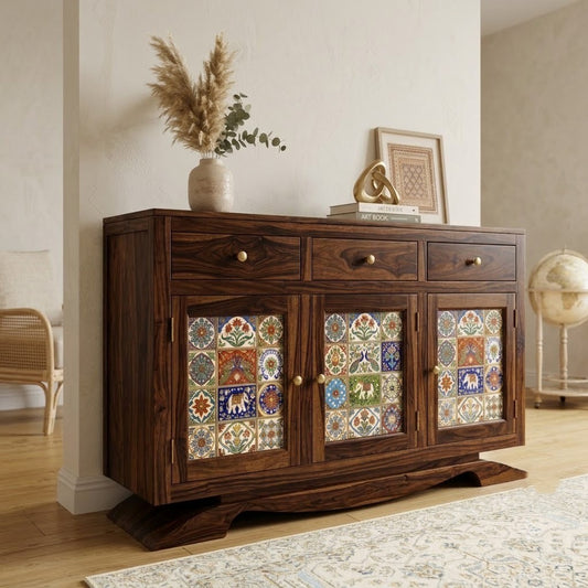 PRITI Sheesham Wood Storage Cabinet Sideboard With Three Drawers (walnut Finish)