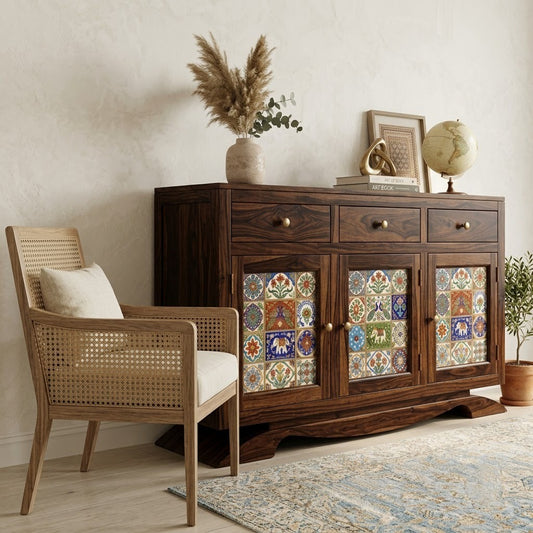 PRITI Sheesham Wood Storage Cabinet Sideboard With Three Drawers (walnut Finish)