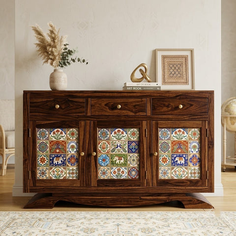 PRITI Sheesham Wood Storage Cabinet Sideboard With Three Drawers (walnut Finish)