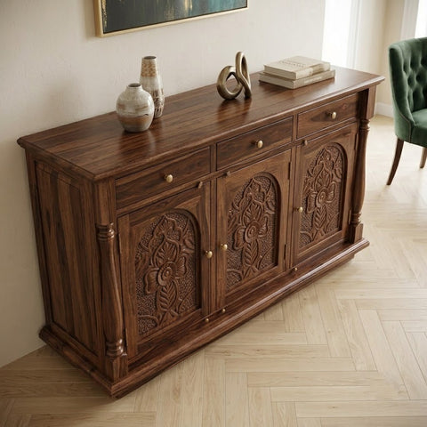 PRITI Sheesham Wood Cabinet and Sideboard (Sheesham dark walnut finish)